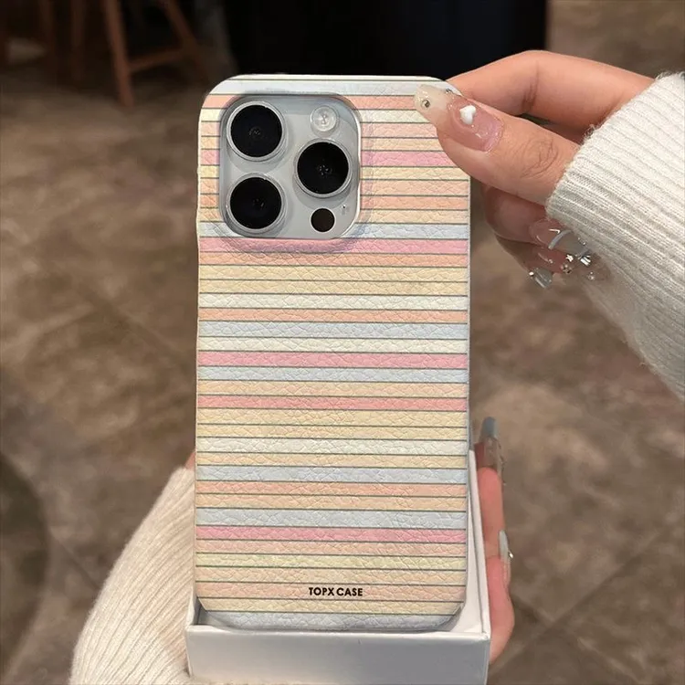 韩系简约彩条纹适用于iphone16Promax苹果15新款14皮革纹13手机壳