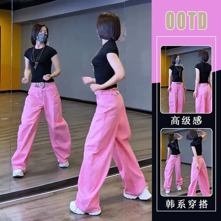 百搭显瘦修身休闲黑色短袖上衣夏季时尚宽松洋气直筒阔腿裤两件套