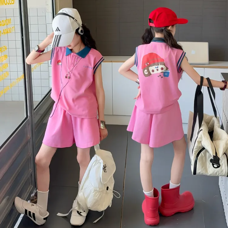 女童夏季短袖套装2025新款儿童翻领上衣时尚百搭小女孩短裤两件套