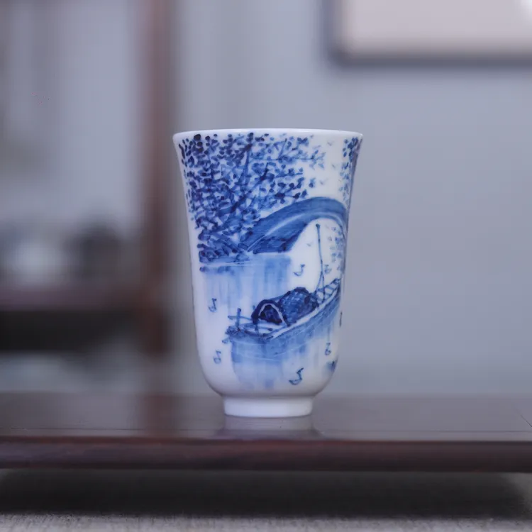 九希堂刘林荣手绘品茗杯陶瓷茶具聚香杯青花瓷闻香杯主人杯水乡