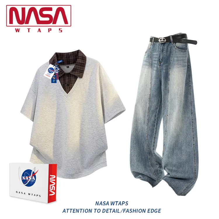 NASA WTAPS假两件polo衫短袖t恤男夏季人夫感休闲运动搭配一整套