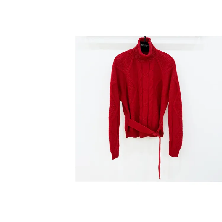 JIAYE CHAN秋冬新款高领立体麻花腰带针织上衣