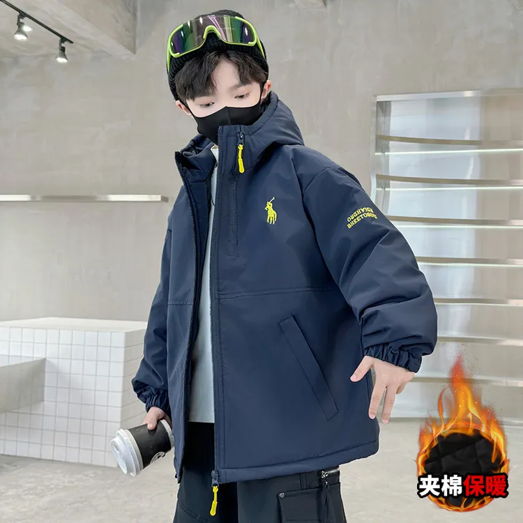 男童夹棉加绒加厚冲锋衣外套秋冬季6-12岁中大童儿童男孩冬装棉衣