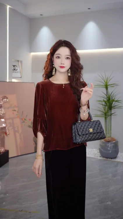 雅衣良品2025秋季新款高级贵妇丝绒上衣女