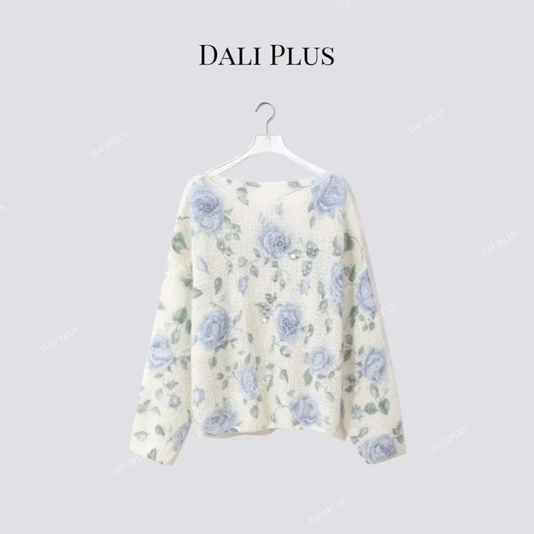 DALI PLUS“手盘立体玫瑰蓝花”马海毛羊毛套头针织衫-D5CH4839