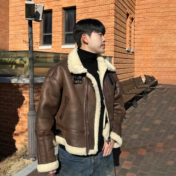 美拉德重磅棕色立领机车夹克外套男秋冬皮毛一体羊羔毛外套短款