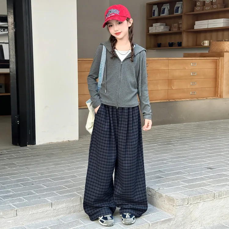女童秋装套装2025新款儿童洋气时髦休闲大童格子阔腿裤两件套秋季