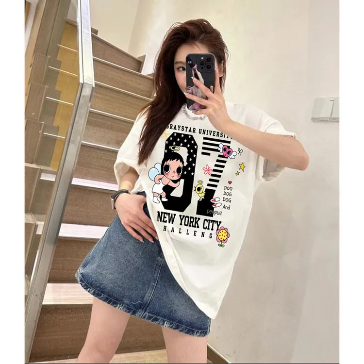 港风ins潮牌百搭t恤女款上衣洋气女装纯棉短袖休闲情侣装高级半袖