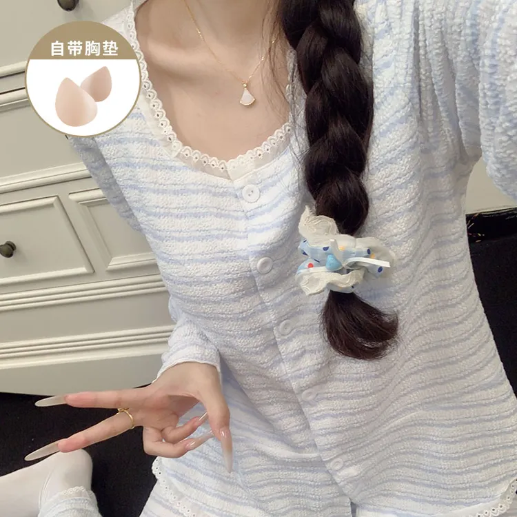 带胸垫一体长袖睡衣女款春秋季爆款甜美条纹女士小个子家居服套装