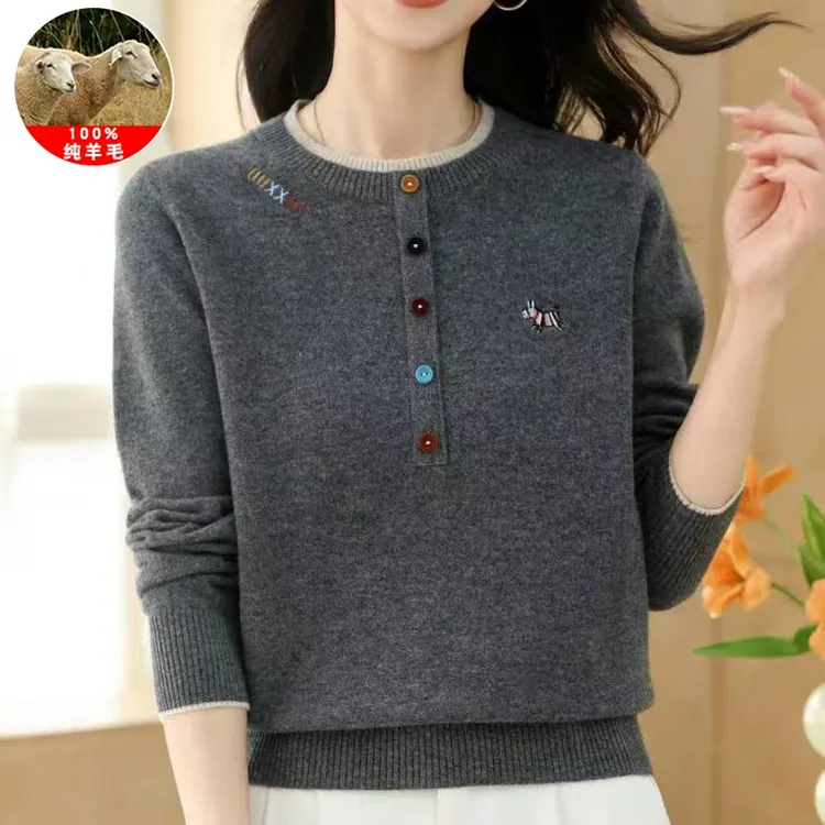 羊毛衫女100%纯羊毛秋冬季圆领妈妈气质毛衣女针织上衣大码打底衫