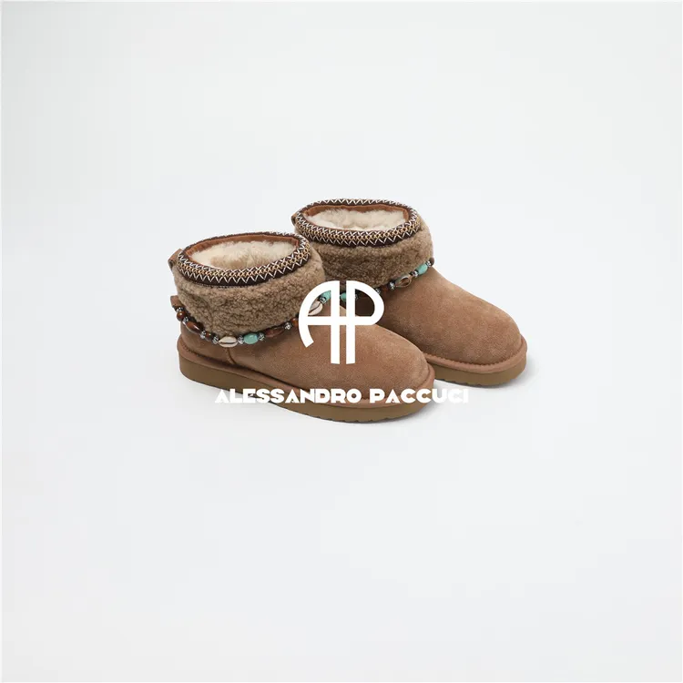 AP洛哥54101XH【民族风雪地靴】牛反绒+羊毛串珠保暖时尚短靴高帮鞋
