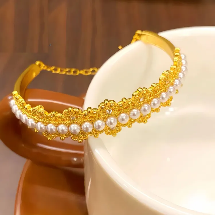 铜合金手镯 【 镂空花丝皇冠手镯】精致高级感珠珠公主镯子