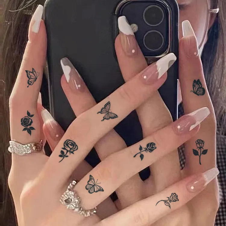 纹身贴草本半永久玫瑰花蝴蝶手指小图案防水持久逼真刺青不反光