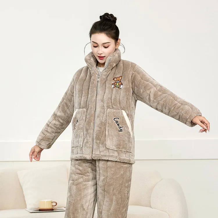 【变态厚】女士睡衣冬季加绒加厚三层夹棉时尚宽松保暖家居服套装