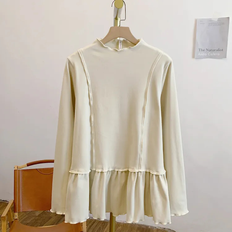 燕麦奶C5335磨毛德绒拼接木耳边立领长袖T恤