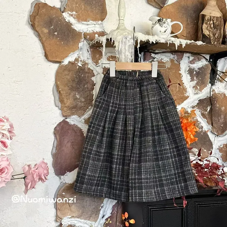 QHY-3172-儿童森系百搭洋气格子加绒加厚阔腿裤（冬款）