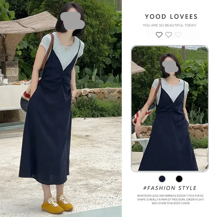 高级感气质修身假两件长裙2025年夏季新款休闲风圆领显瘦连衣裙女