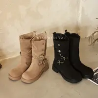 【STAR】复古高级绑带皮带扣中筒圆头粗跟磨砂美拉德堆堆靴3.5cm