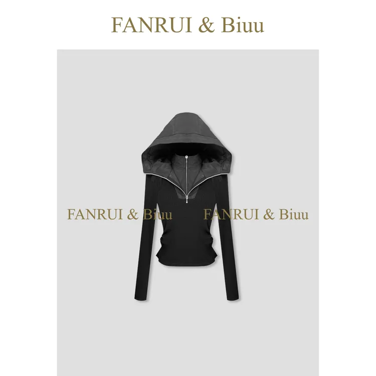 抖音双11泛芮「贝贝biuu」抽绳连帽时髦小众拉链设计感卫衣B17843