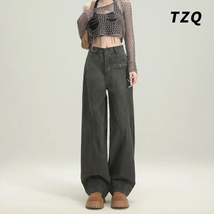 【申老表专属】美式复古军绿工装牛仔裤女爆款2025秋季高腰阔腿裤子