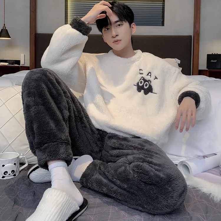 加厚珊瑚绒睡衣男款冬季青少年加绒长毛绒圆领套装宽松大码家居服