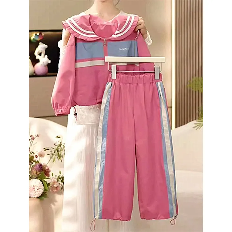 女童拼色冲锋衣套装2025春秋款娃娃领外套束脚裤夹克工装裤两件套