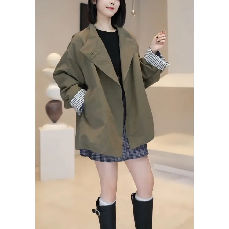 2025年秋季新款韩版复古大码宽松显瘦设计感一粒扣休闲风衣外套女