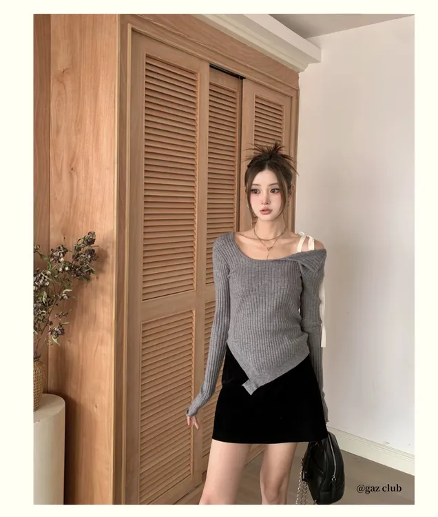 纯欲风辣妹简约通勤时尚百搭针织衫别致露肩长袖短款外穿打底衫女