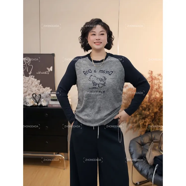 ZHONG大大【】抽绳收腰显瘦长袖T恤女秋冬新款插肩袖上衣1023