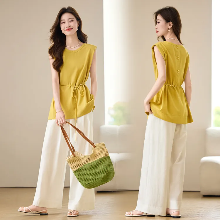 松弛感老钱风无袖套装女2025年夏季新款系带收腰显瘦阔腿裤两件套
