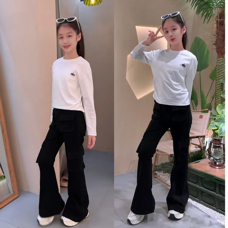 女童秋季新款显瘦微喇休闲黑色工装裤高腰女孩中大童春秋弹力韩版