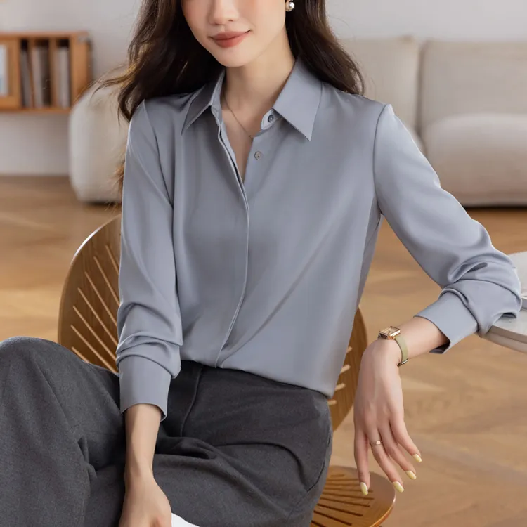 【依茉妃品牌】高级感缎面白衬衫女长袖设计感职业百搭垂感通勤衬衣