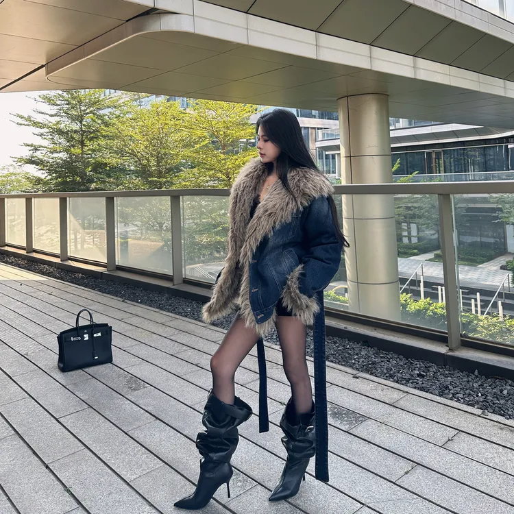 美式大翻领座山雕毛领外套复古水洗牛仔棉服夹克加厚保暖棉衣