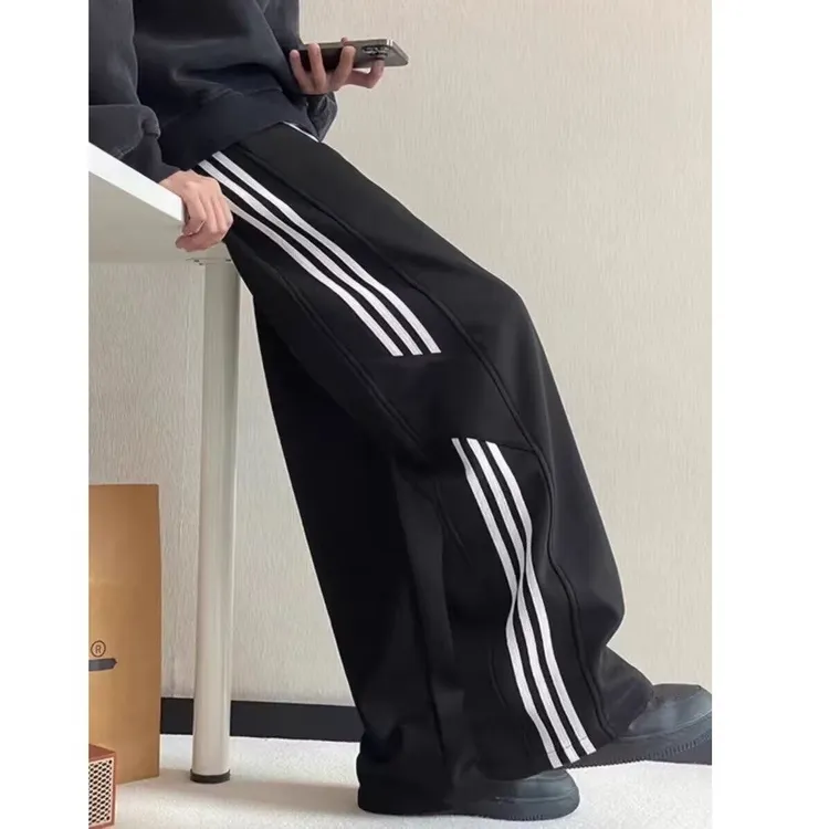 青少年条纹运动裤三条杠加绒保暖休闲卫裤男2025秋季宽松直筒裤子