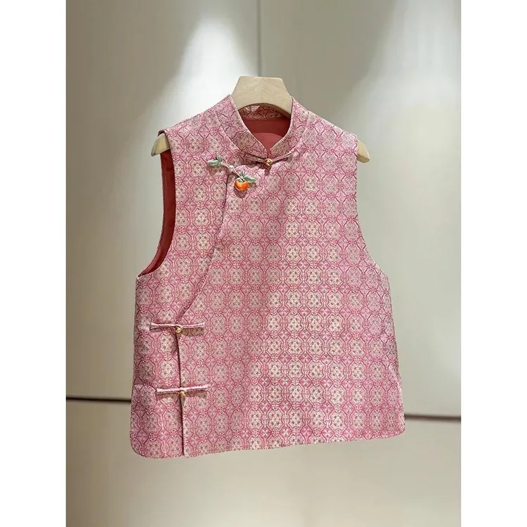 SS336粉色马甲高端中国风2025春季新款立领斜襟减龄中式马夹女