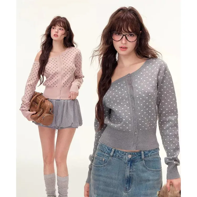 波点针织开衫女双色早秋新款修身毛衣显瘦长袖上衣  #C1076