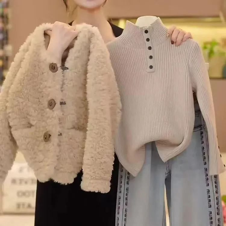品牌折扣女童毛毛衣冬装加绒加厚套头毛衣直通牛仔裤三件套皮毛一