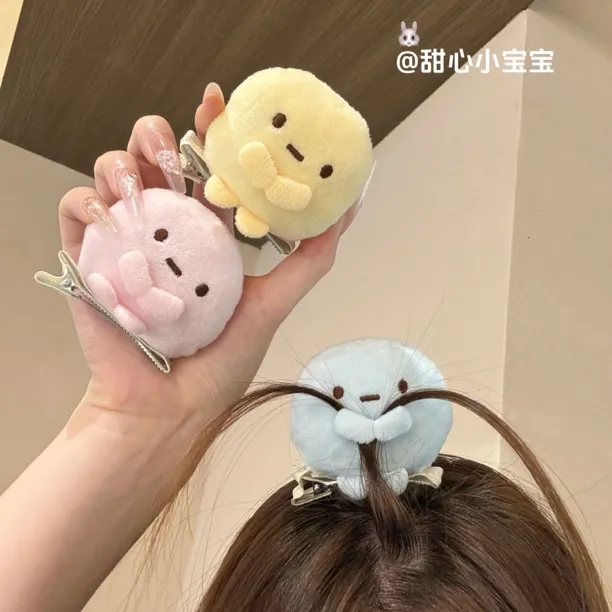 日系可爱角落生物草帽发夹mini圆子发卡三色团子毛绒公仔创意顶夹