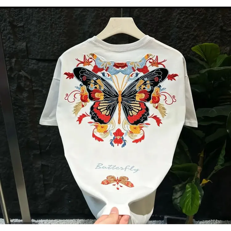 重磅纯棉印花国潮蝴蝶短袖T恤男美式新款潮流时尚高街上衣宽松