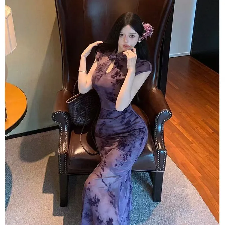 国风新中式改良旗袍连衣裙修身显瘦优雅气质半袖包臀鱼尾长裙夏新