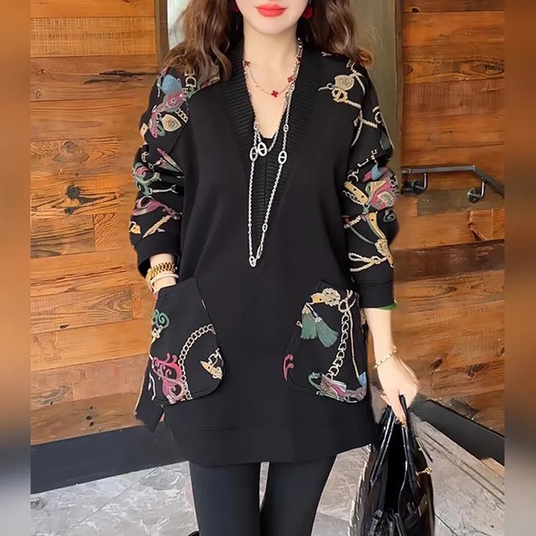 加绒洋气宽松显瘦V领打底衫上衣2025冬季新款时尚大码休闲卫衣女