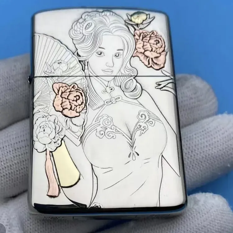 ZORRO佐罗正品潘金莲美女国风902s白黄铜二代浮雕镶嵌煤油打火机