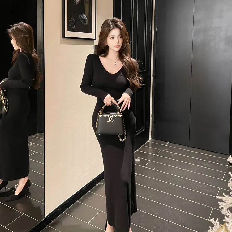 GUIDI GUDI【拓界寻光】秋冬氛围气质百搭设计款休闲连衣裙/黄加蓝 