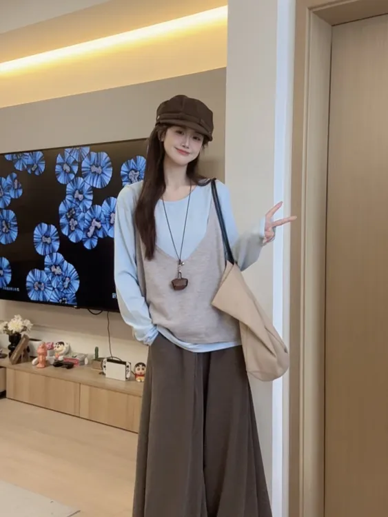 【孕妇】075韩剧女主穿搭套装女别致设计感叠穿吊带背心两件套