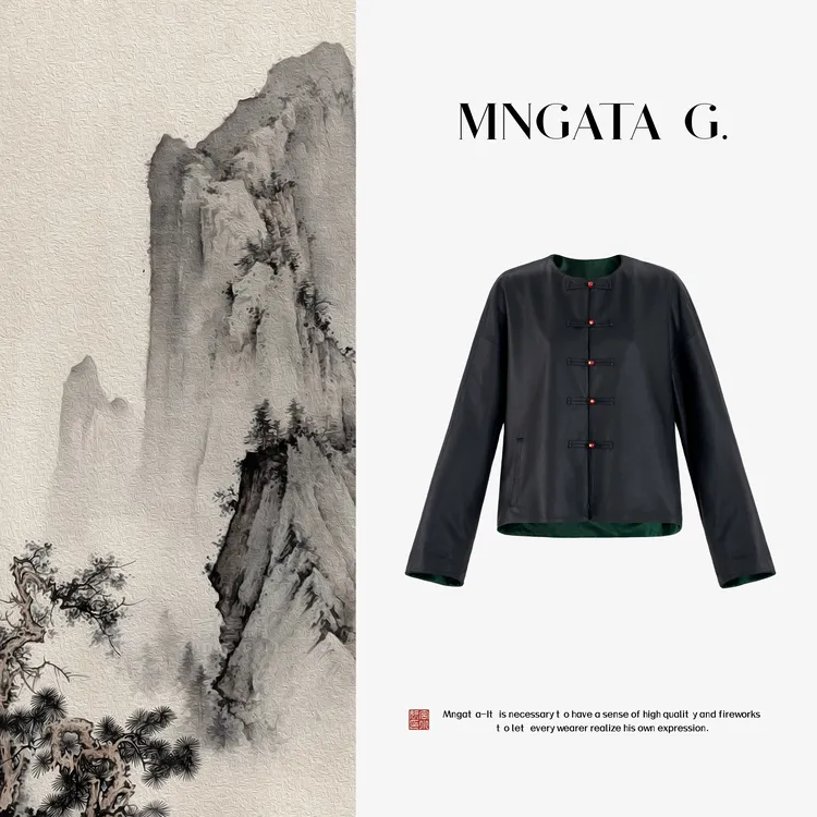 MNGATA G.宫小妍【胎羊皮·绿龟皮衣】真丝早秋新中式皮外套5060756