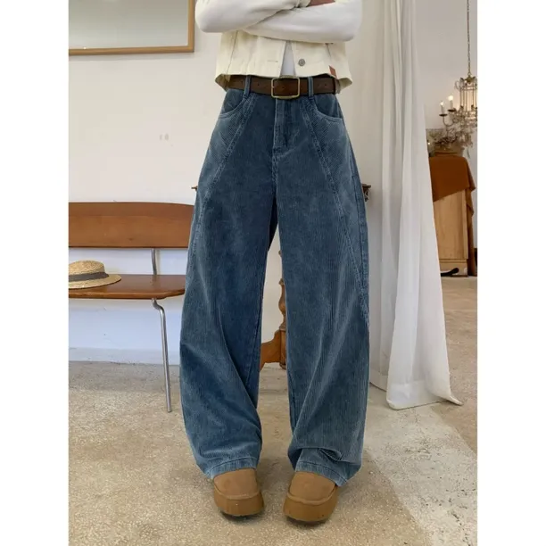 WGL灯芯绒垂感分割线慵懒风女休闲裤宽松老钱秋冬直筒裤长裤秋季