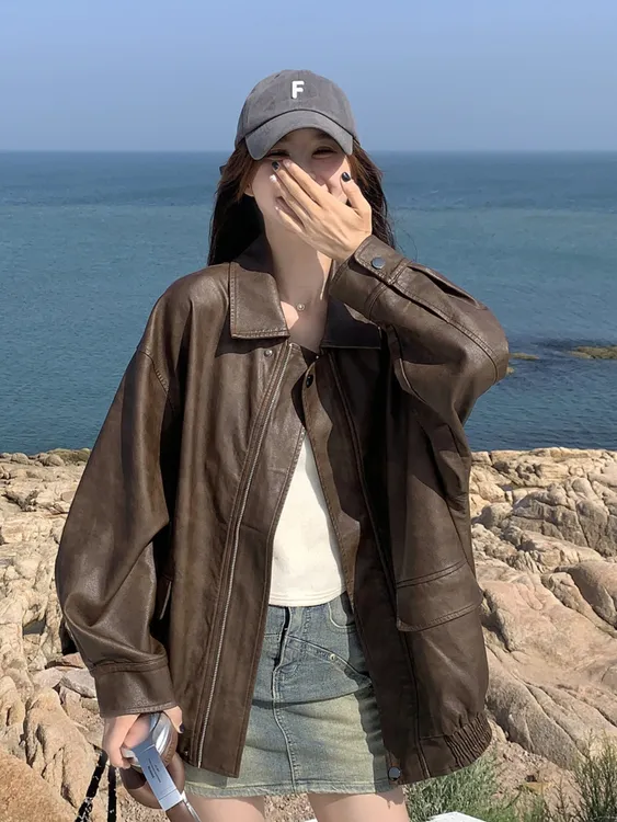 皮夹克美式皮衣秋季休闲春秋2025年春季港风翻领时尚宽松外套上衣