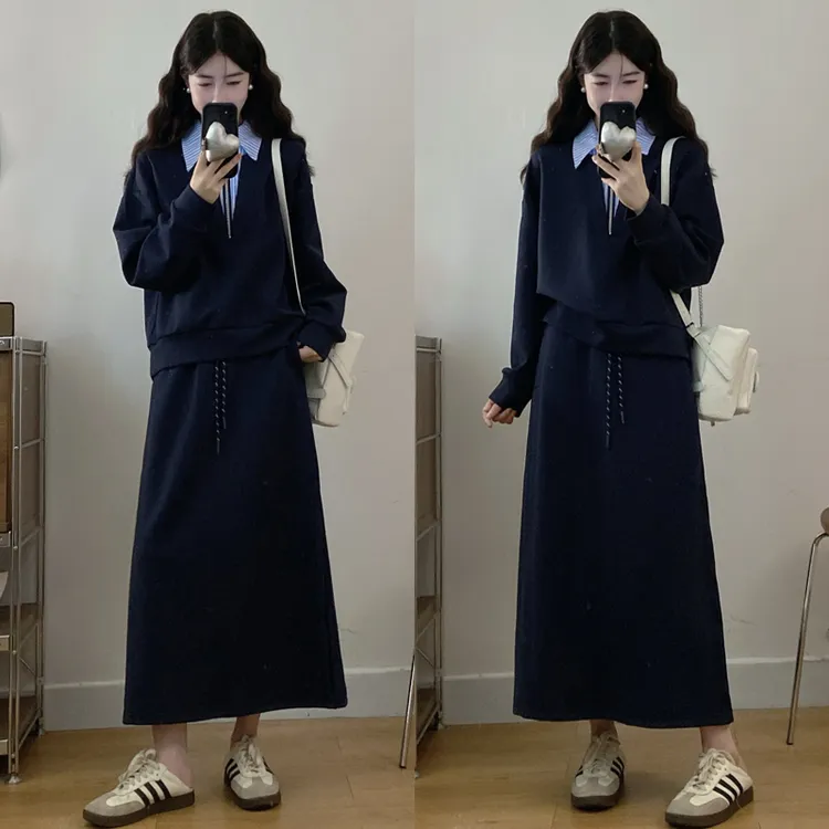 大码胖mm秋冬衬衫领拼接假两件长袖卫衣+半身长裙两件套套装女
