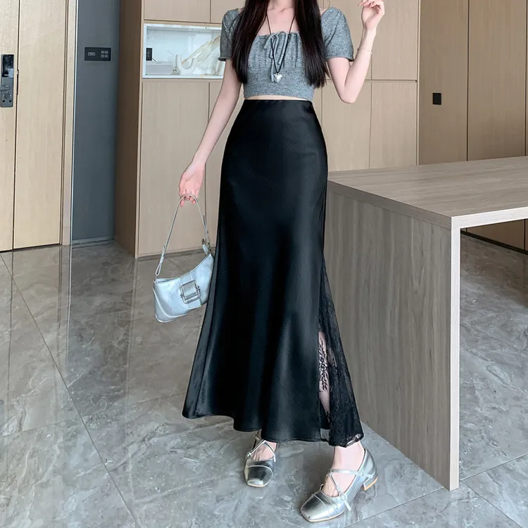 新中式国风现货半身裙醋酸气质春夏显瘦温柔蕾丝拼接缎面裙子视频