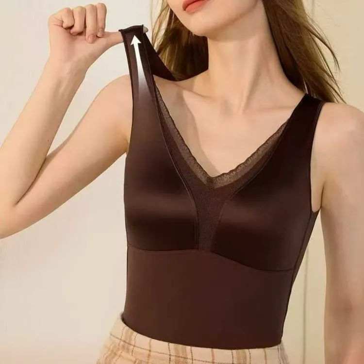秋冬新款缎面磨毛芦荟保暖带胸垫蕾丝修身女内衣背心